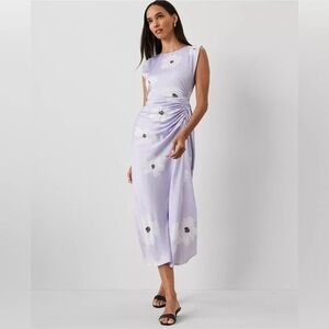 Ann Taylor Lavender Purple Floral Midi Ruched Dress Satin Cap Sleeves Women's 8